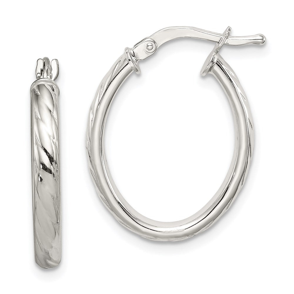Sterling Silver Rhod-plated Textured Hollow Oval Hoop Earrings