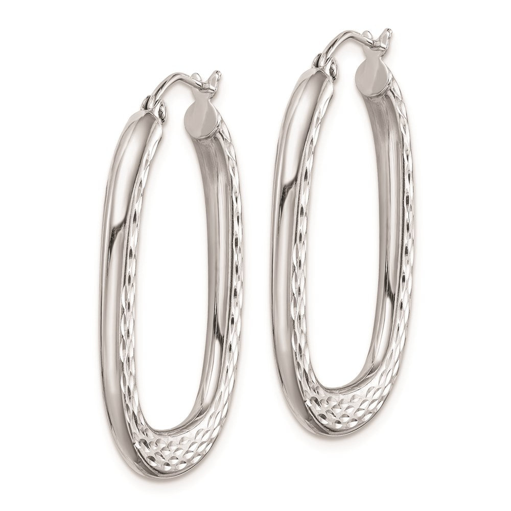 Sterling Silver Rhodium Plated Patterned Oval Hoop Earrings