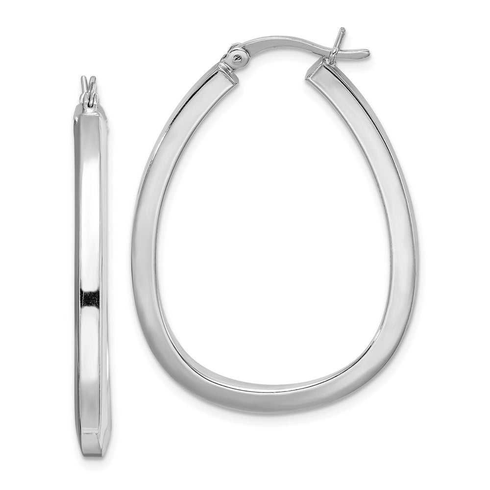 Sterling Silver Rhod-plated Square Tube Teardrop Hoop Earrings