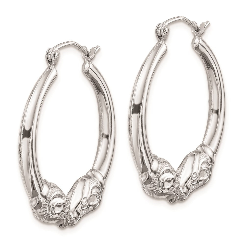 Sterling Silver Rhod-plated Textured Ram Head Round Hoop Earrings