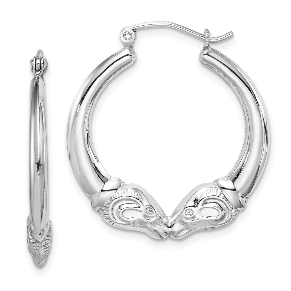 Sterling Silver Rhod-plated Textured Ram Head Round Hoop Earrings