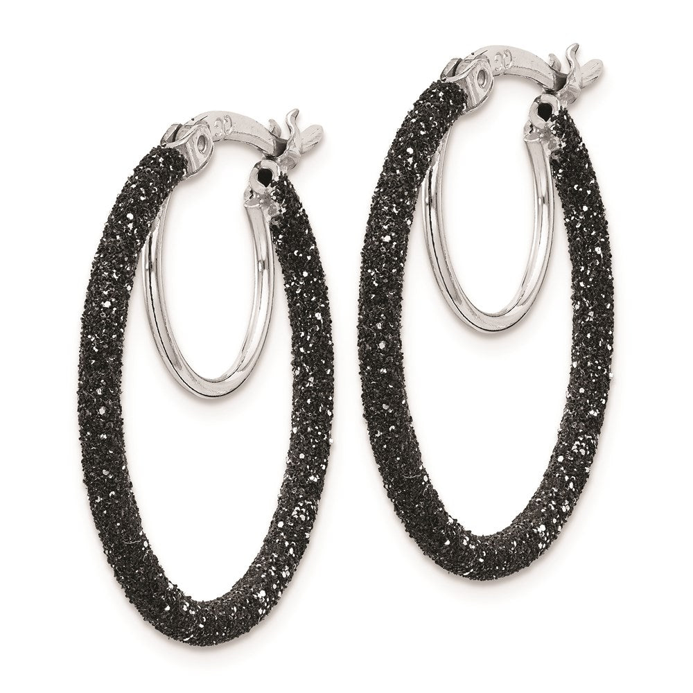 Sterling Silver Rhodium/Black Glitter Enamel 2x Hoop Earrings
