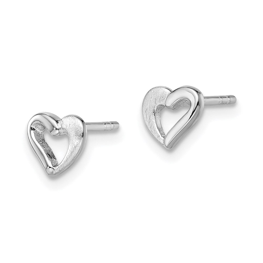 Sterling Silver Rhodium-plated Polished and Brushed Open Heart Petite Post Earrings