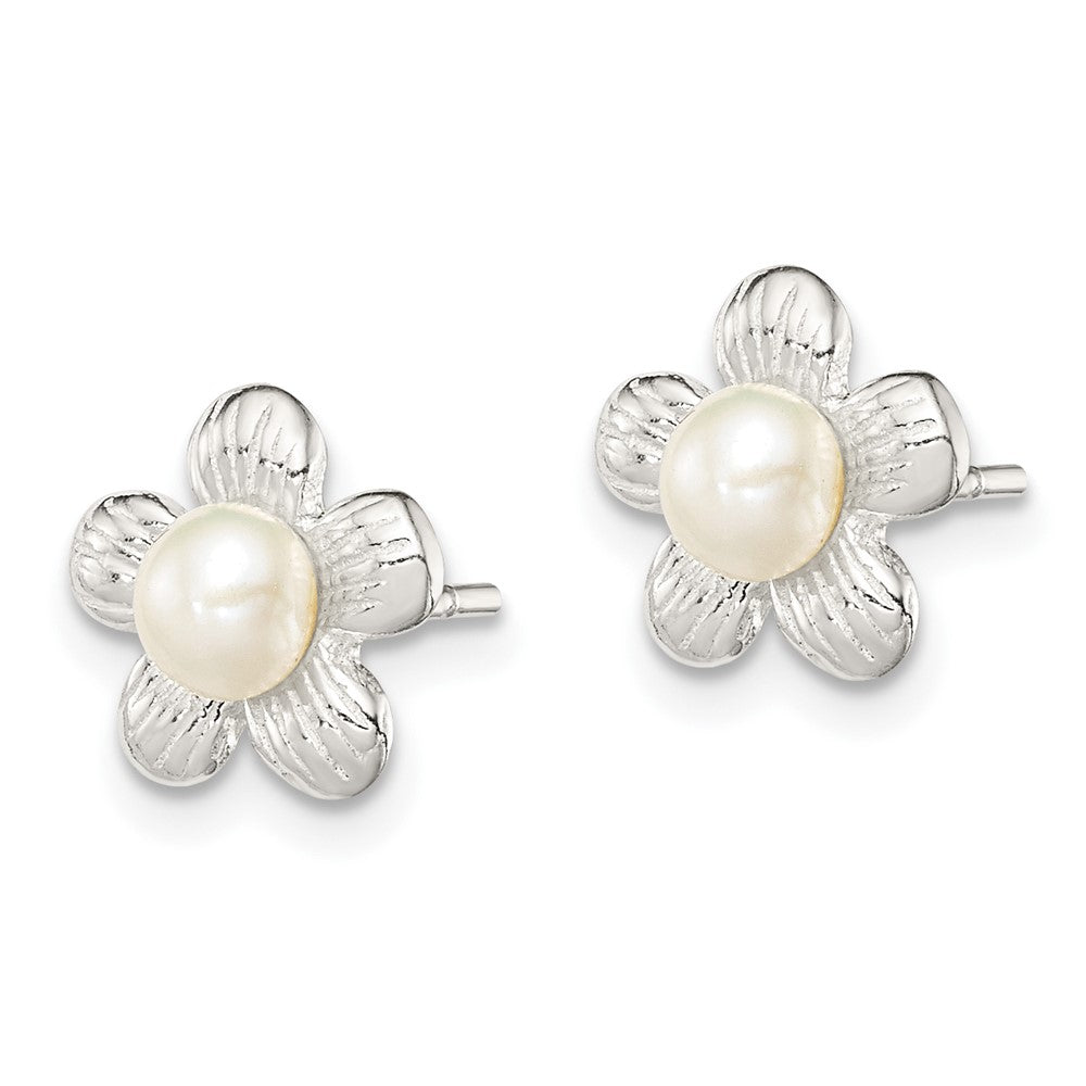 Sterling Silver Polished & Textured Imitation Pearl Flower Post Earrings