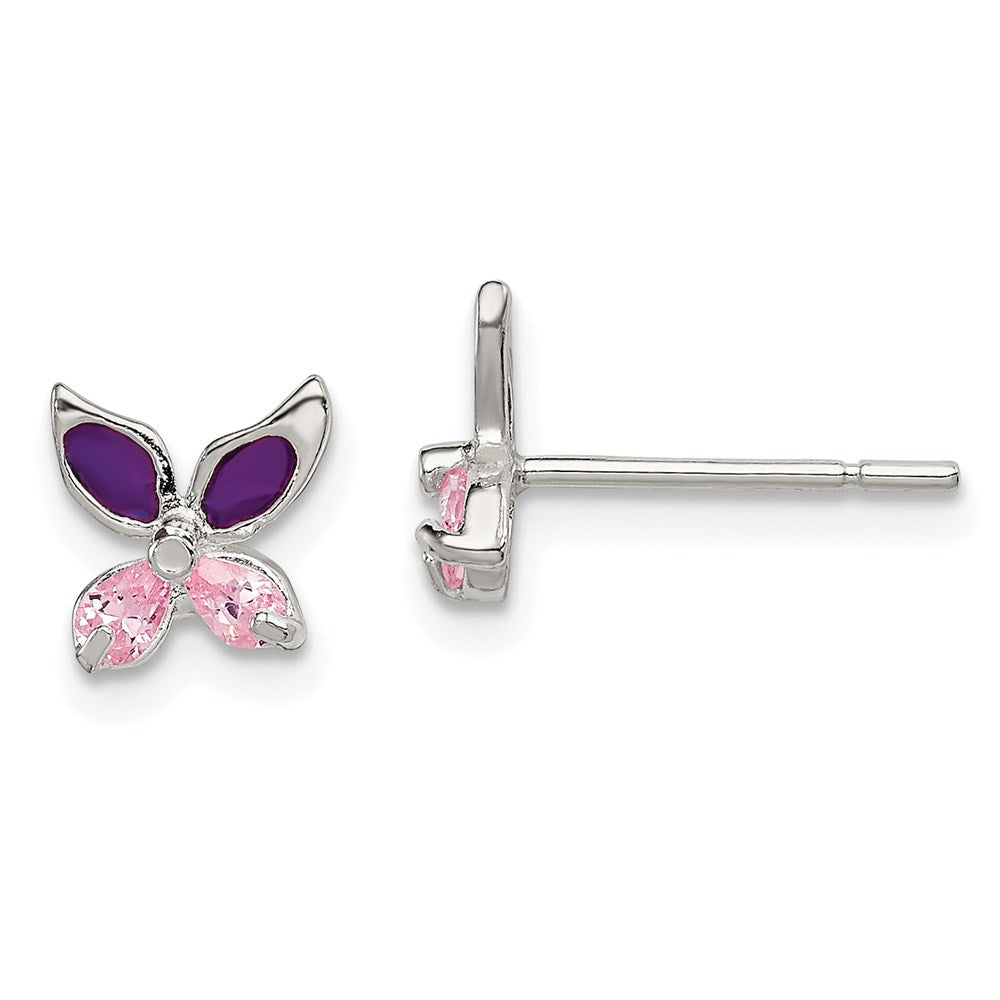 Sterling Silver Pink CZ & Purple Enamel Butterfly Children's Post Earrings