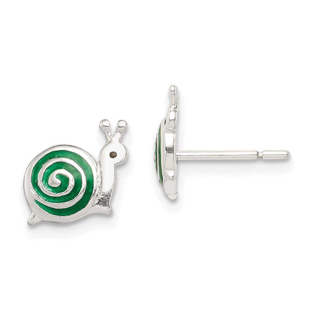 Sterling Silver Polished Green & Black Enameled Snail Post Earrings