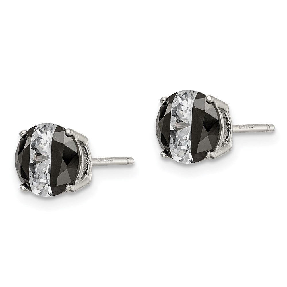 Sterling Silver RH-pltd Black/White Round CZ Basket Set Stud Earrings