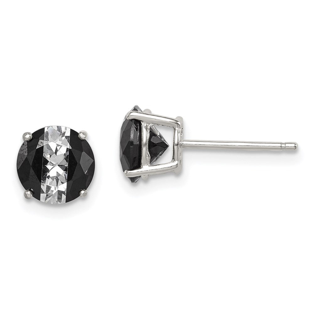 Sterling Silver RH-pltd Black/White Round CZ Basket Set Stud Earrings