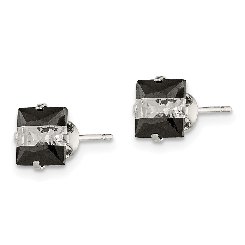 Sterling Silver Black & White Square CZ Snap-in Set Stud Earrings