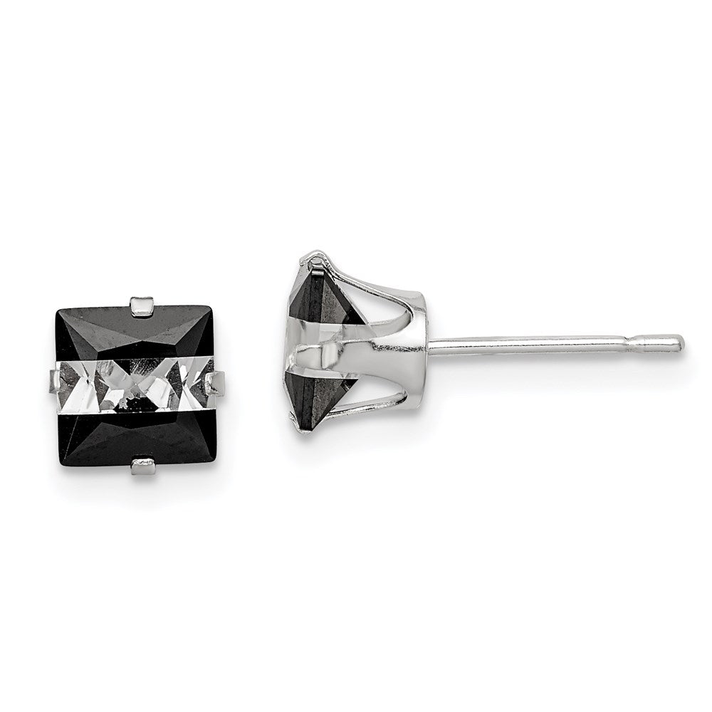 Sterling Silver Black & White Square CZ Snap-in Set Stud Earrings