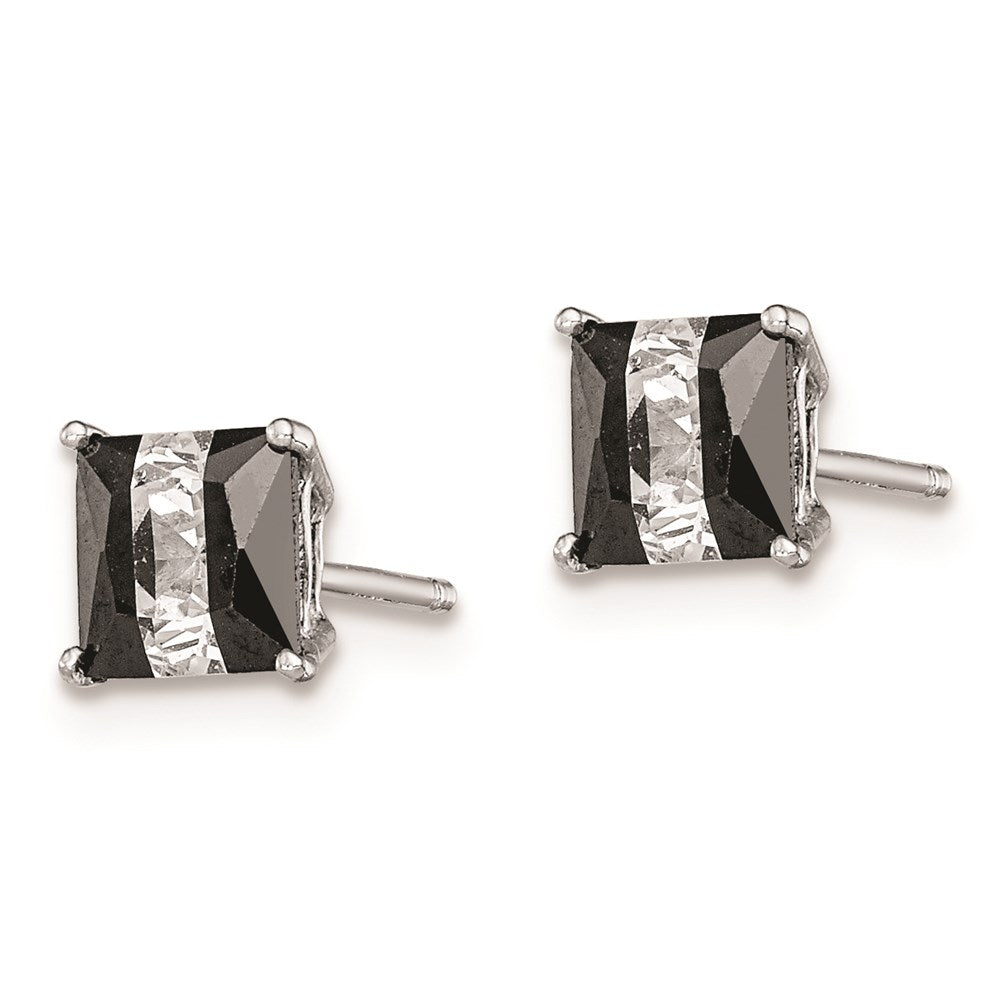 Sterling Silver RH-plated Black & White Square CZ Stud Earrings