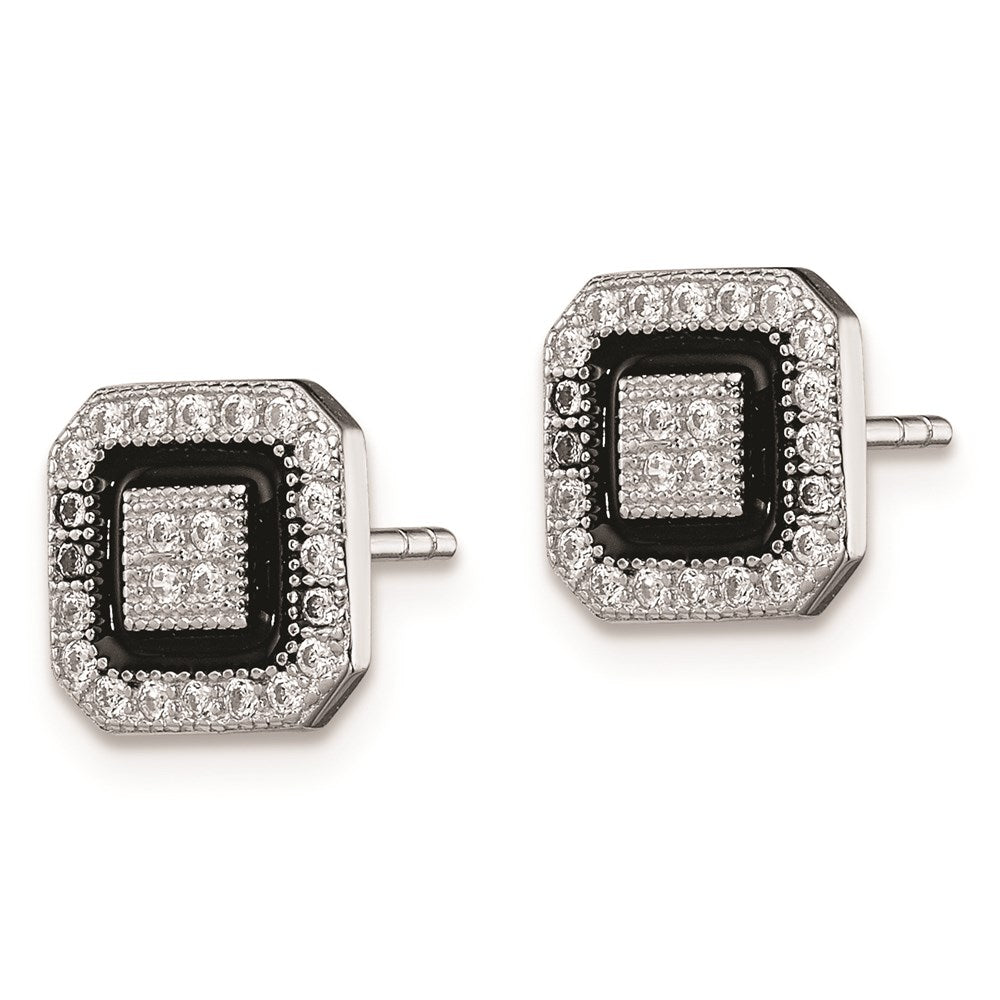 Sterling Silver RH-plated Black Enamel & PavÇ CZ Square Halo Post Earrings