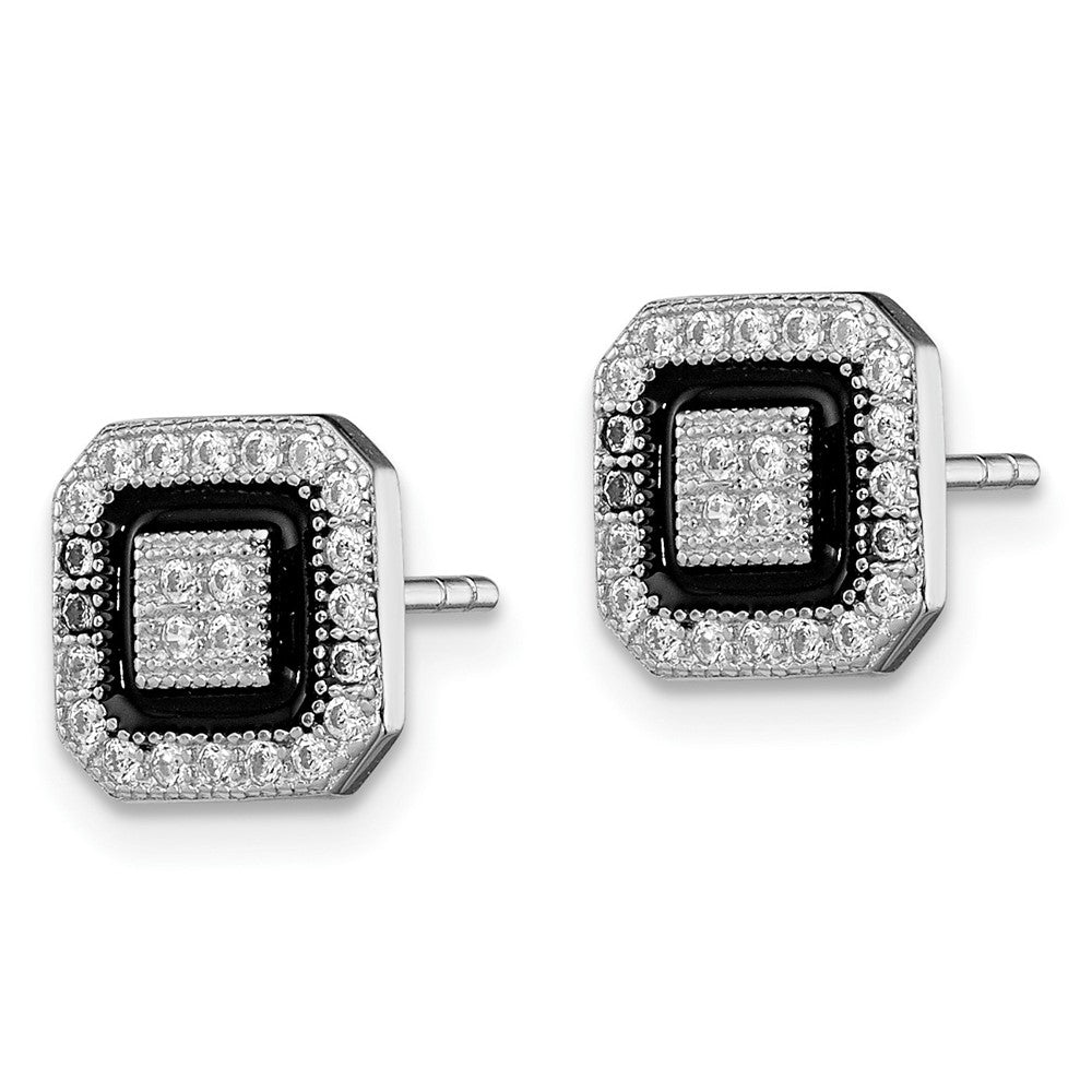 Sterling Silver RH-plated Black Enamel & PavÂ CZ Square Halo Post Earrings