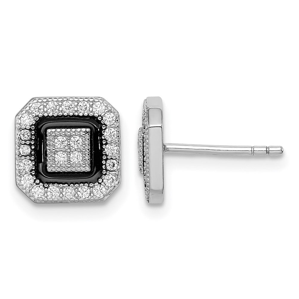 Sterling Silver RH-plated Black Enamel & PavÂ CZ Square Halo Post Earrings