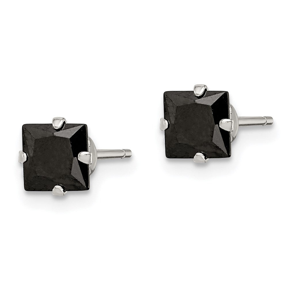 Sterling Silver Polished Black Square CZ Snap-in Set Stud Earrings