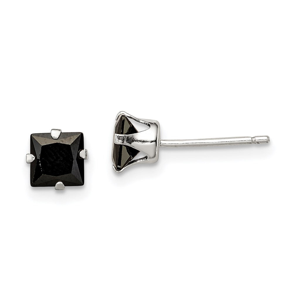 Sterling Silver Polished Black Square CZ Snap-in Set Stud Earrings