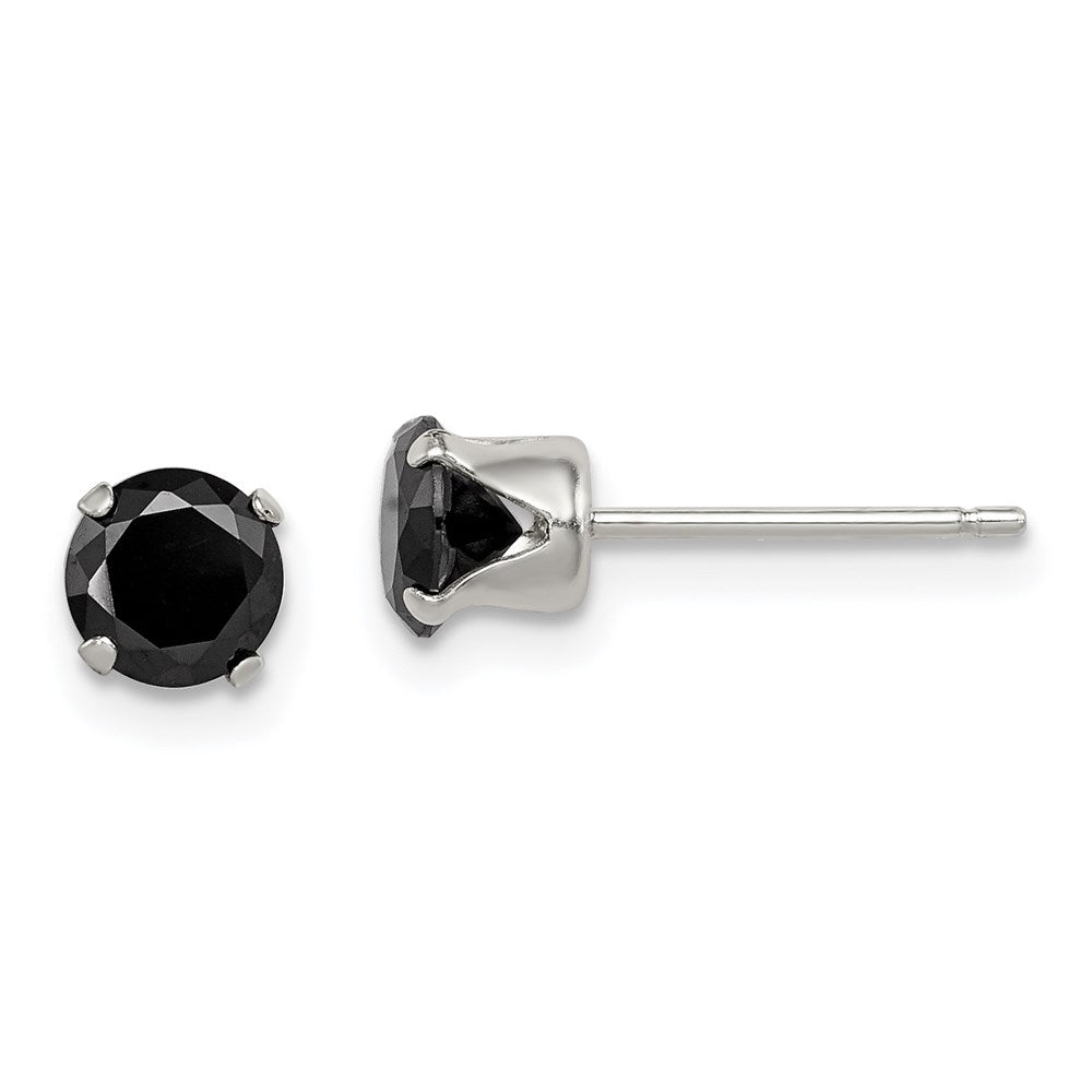 Sterling Silver Polished Black Round CZ Snap-in Set Stud Earrings