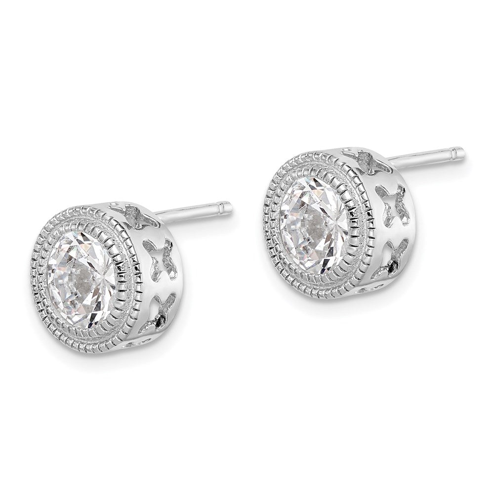 Sterling Silver Rhod-pltd Polished/Textured Round CZ Post Earrings