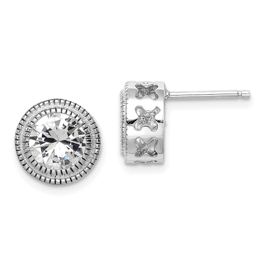 Sterling Silver Rhod-pltd Polished/Textured Round CZ Post Earrings