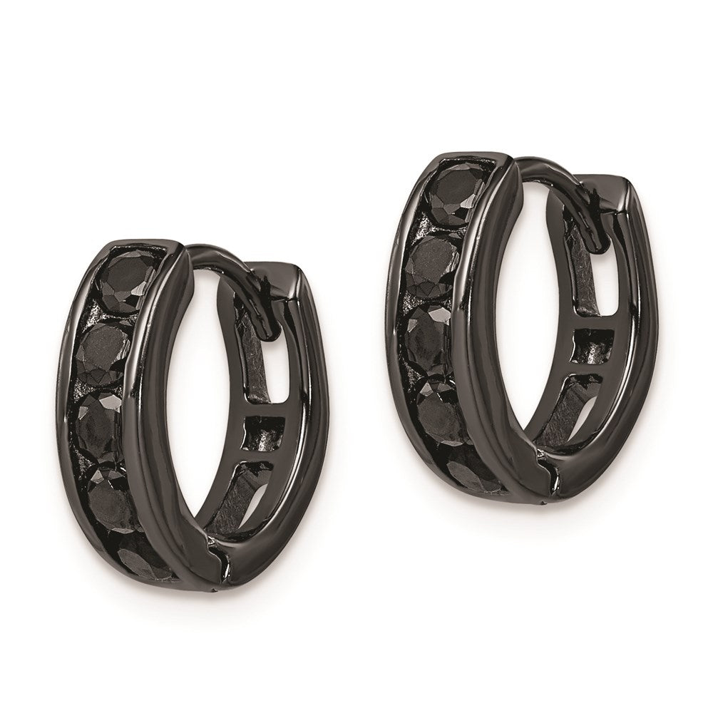 Sterling Silver Black RH-plated Black CZ Hinged Round Hoop Earrings