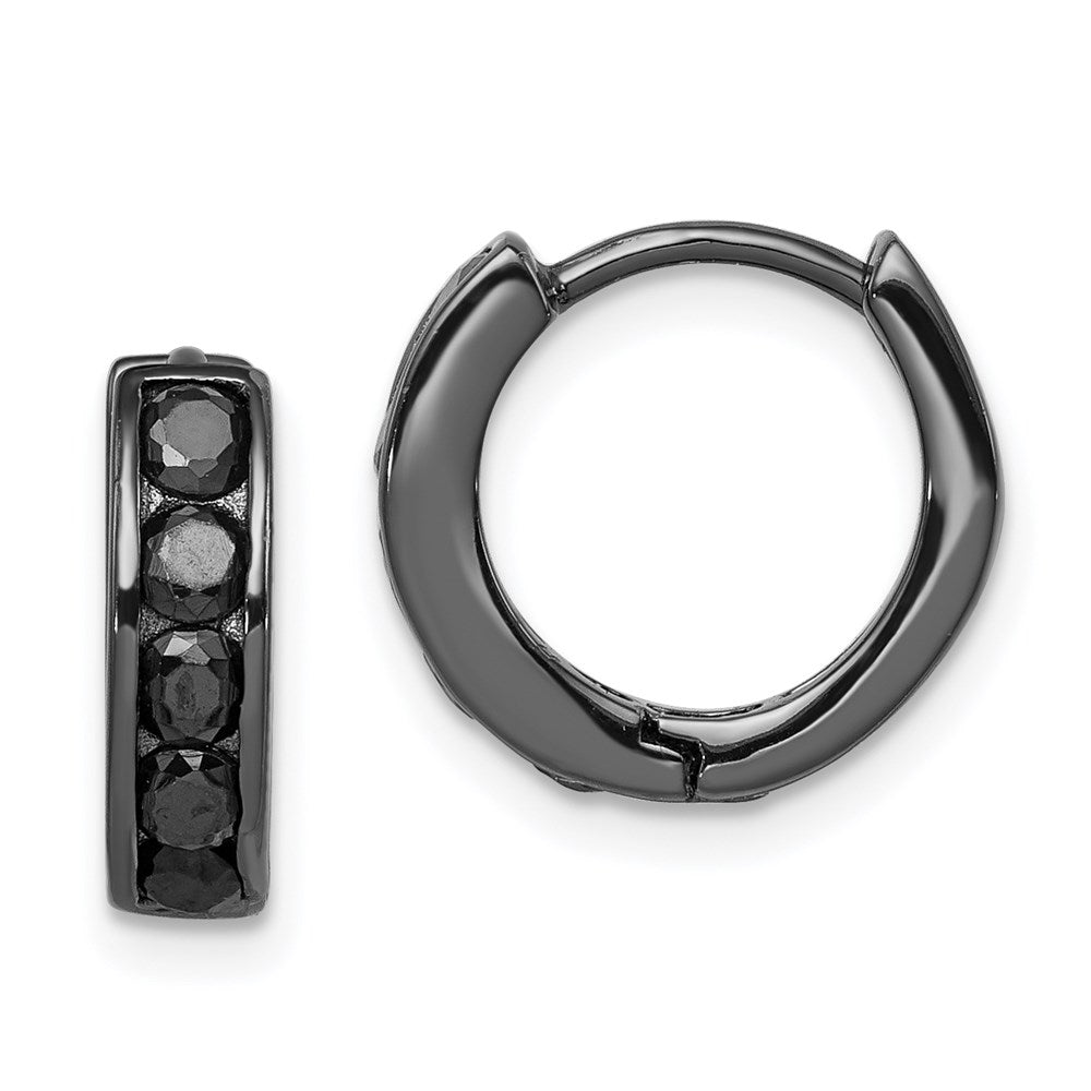 Sterling Silver Black RH-plated Black CZ Hinged Round Hoop Earrings