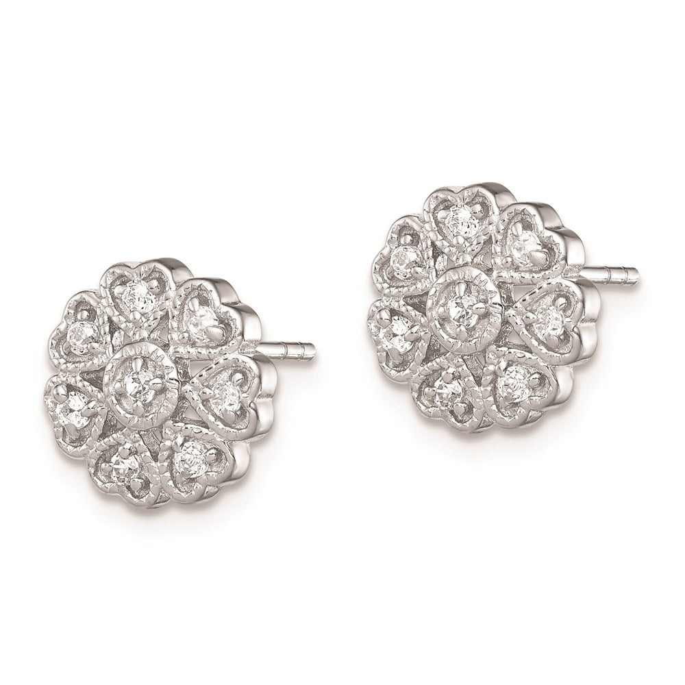 Sterling Silver Rhodium-plated Polished CZ Flower Heart Post Earrings