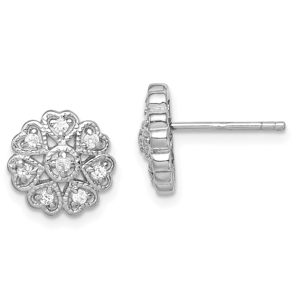 Sterling Silver Rhodium-plated Polished CZ Flower Heart Post Earrings