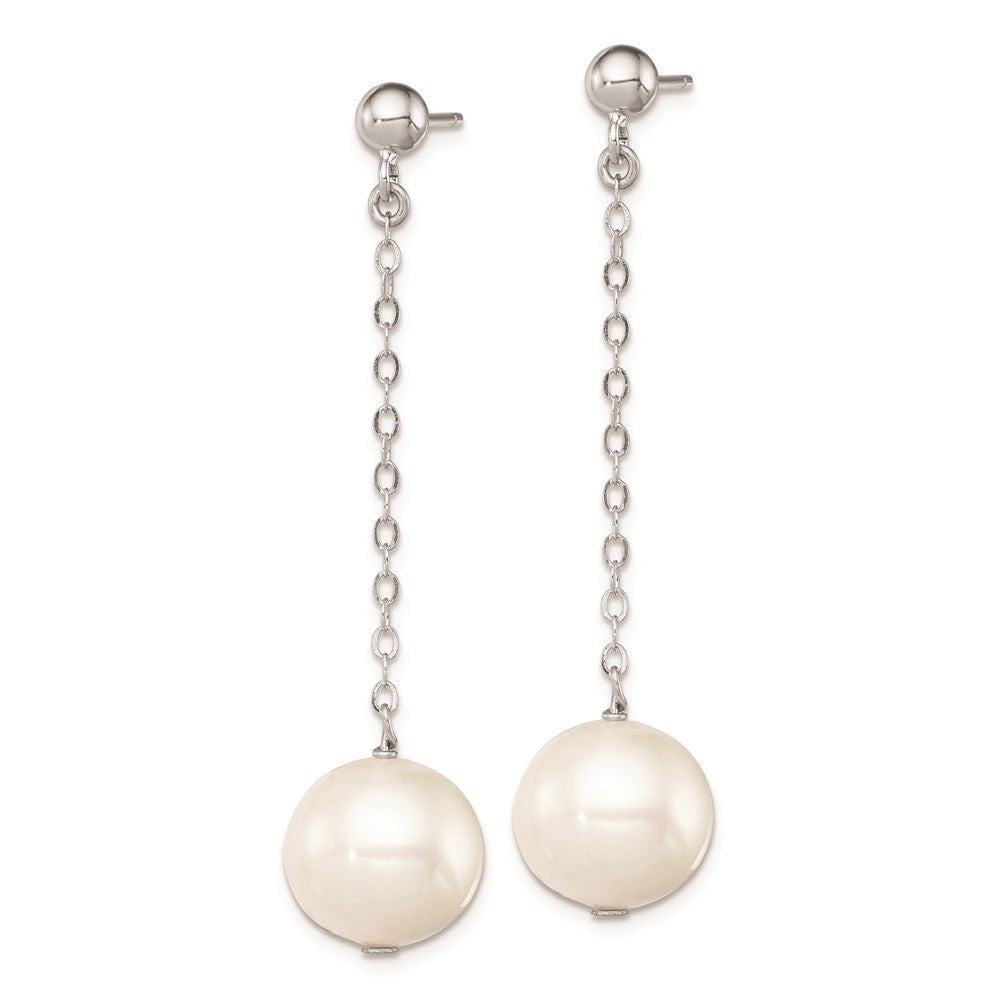 Sterling Silver Rhodium-plated 10- White Round Freshwater Cultured Pearl Dangle Post Earrings