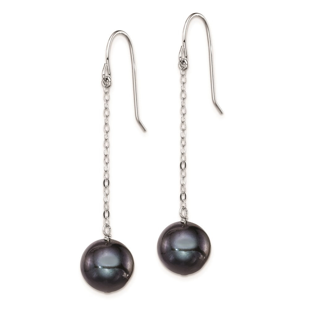Sterling Silver Rhodium-plated 9- Black Round Freshwater Cultured Pearl Dangle Earrings