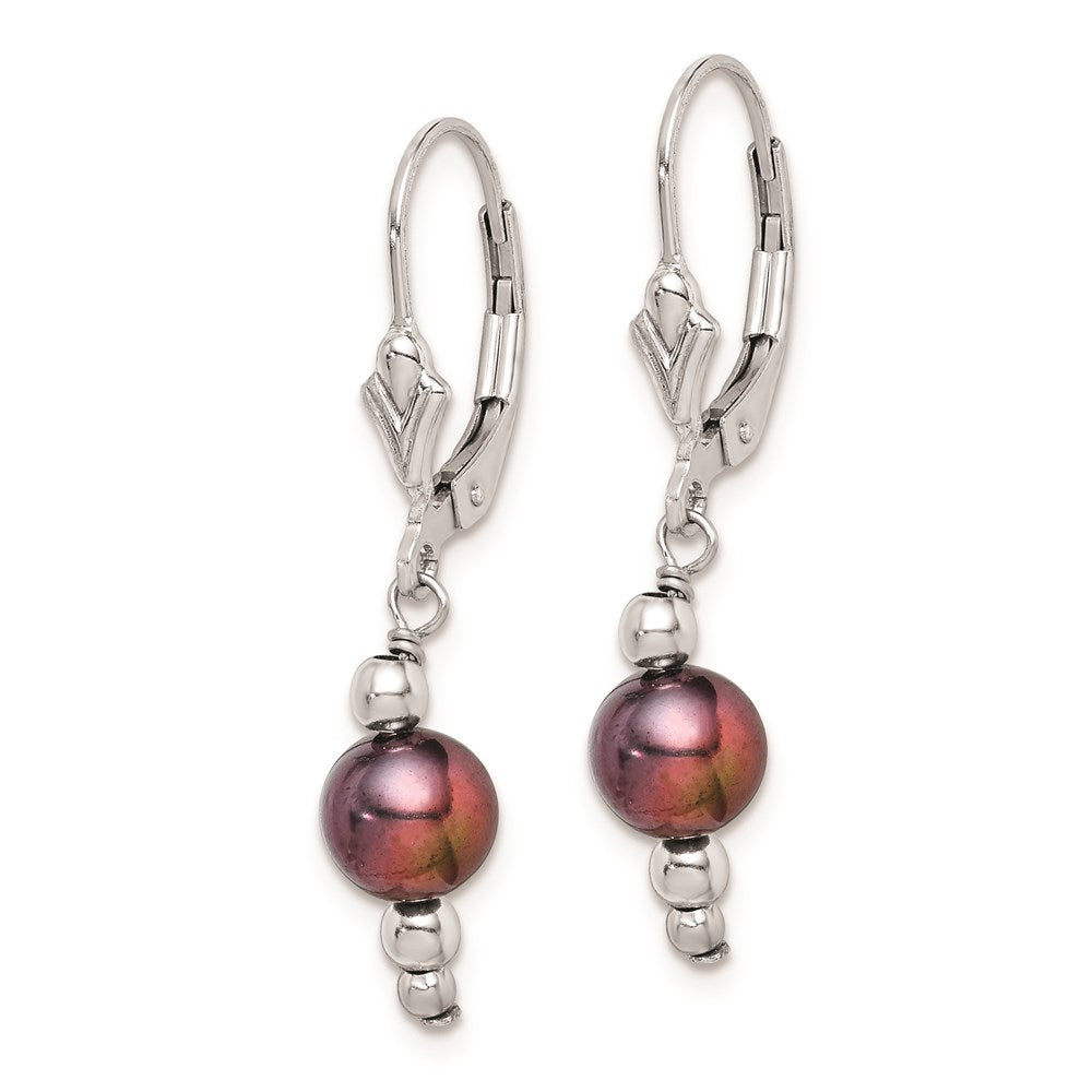 Sterling Silver Rhodium-plated Polished 6- Black Freshwater Cultured Pearl Leverback Dangle Earrings