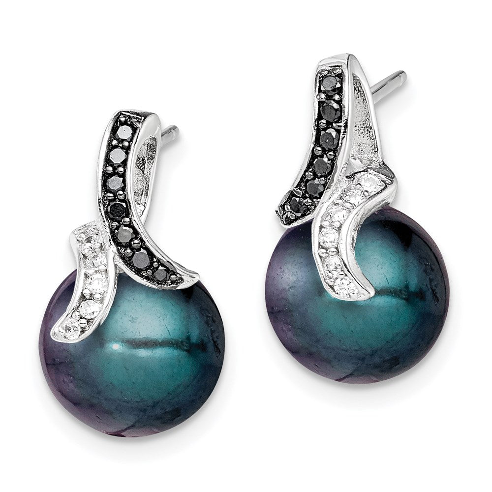Sterling Silver Polished Black and White CZ with 9- Black Imitation Shell Pearl Post Earrings