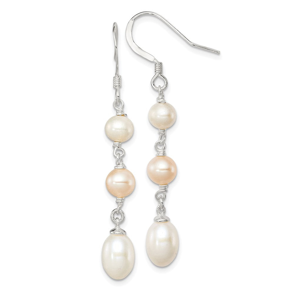 Sterling Silver Polished Pink & White 5- Freshwater Cultured Pearl Dangle Earrings