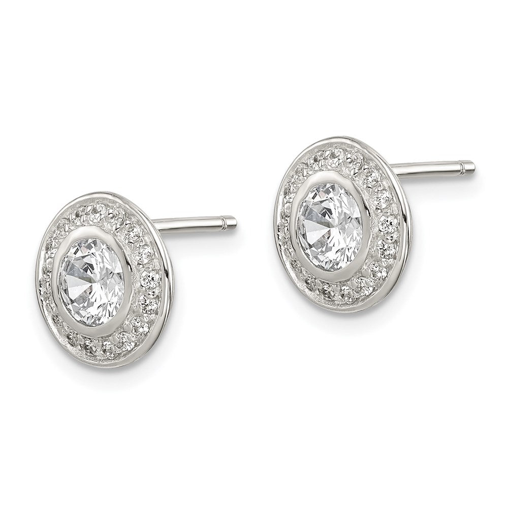 Sterling Silver Rhod-plated Polished Pav CZ Halo Round Post Earrings
