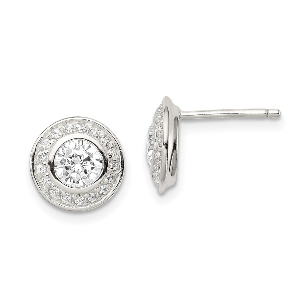 Sterling Silver Rhod-plated Polished PavÇ CZ Halo Round Post Earrings