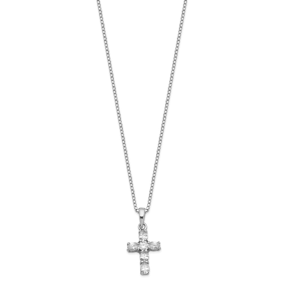 Sterling Silver Rhodium-plated CZ Cross on Box Chain Necklace