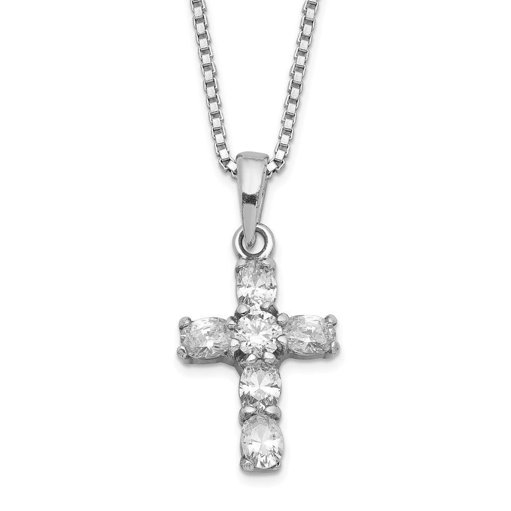 Sterling Silver Rhodium-plated CZ Cross on 16 Box Chain Necklace