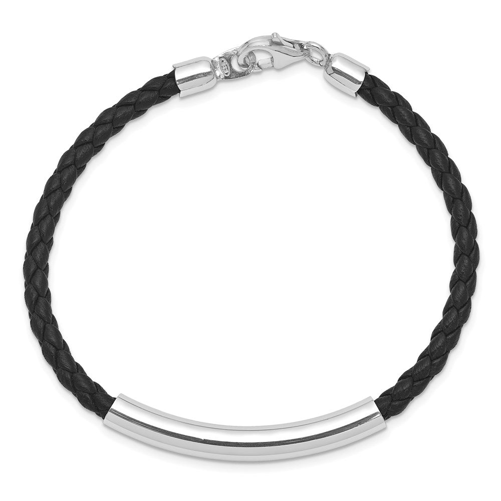 Sterling Silver Rhodium-plated Polished Bar Braided Black Leather Bracelet