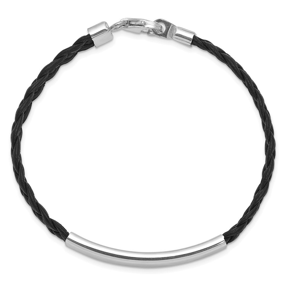 Sterling Silver Rhodium-plated Engravable Polished 38x Plate Black Braided Leather ID Bracelet