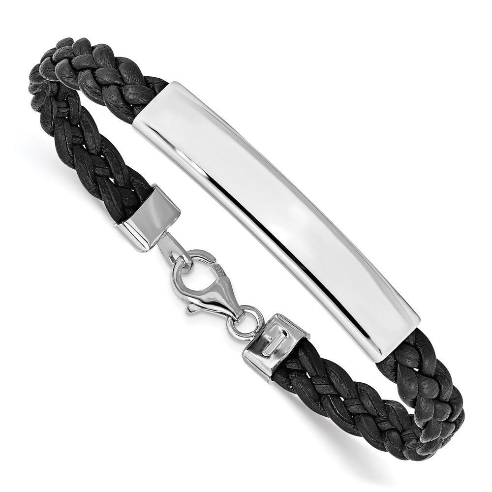 Sterling Silver Rhodium-plated Engravable Polished 38x Plate Black Braided Leather ID Bracelet