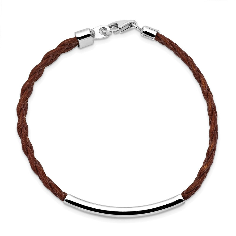 Sterling Silver Rhodium-plated Engravable Polished 38x Plate Brown Braided Leather ID Bracelet