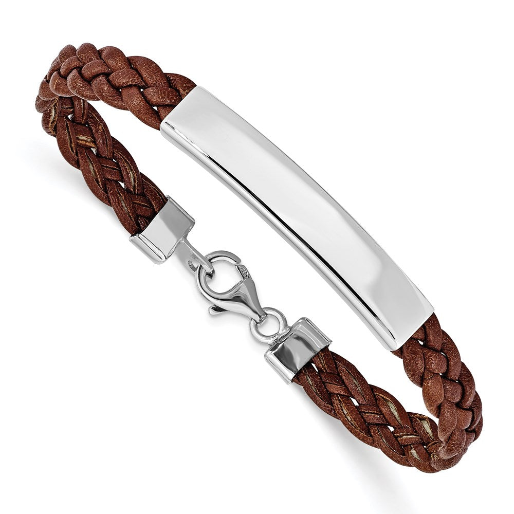 Sterling Silver Rhodium-plated Engravable Polished 38x Plate Brown Braided Leather ID Bracelet