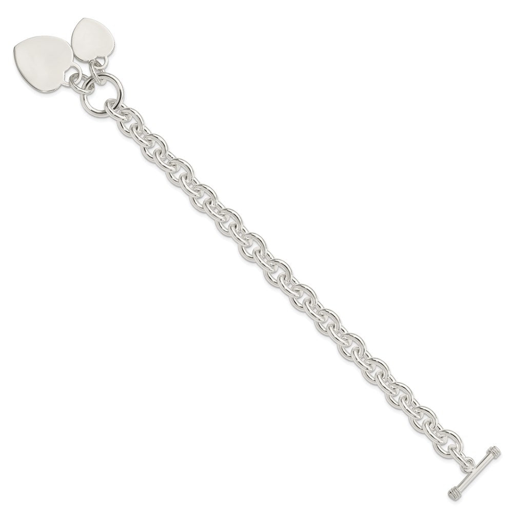 Sterling Silver Engravable and Heart Discs on Fancy Rolo Link Toggle Bracelet