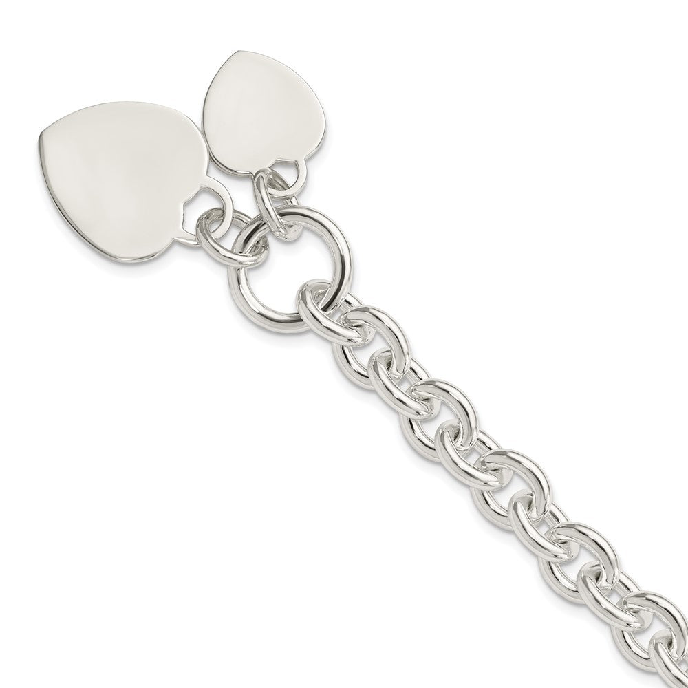 Sterling Silver Engravable and Heart Discs on Fancy Rolo Link Toggle Bracelet