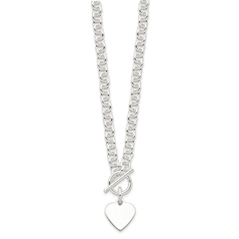 Sterling Silver Engravable 19x Heart Disc on Fancy Rolo Link Toggle Necklace