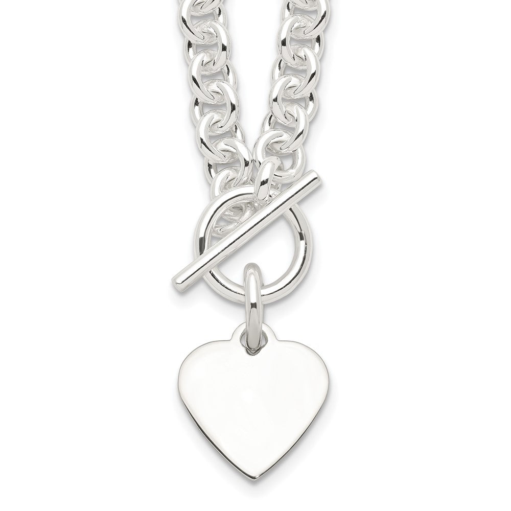 Sterling Silver Engravable 19x Heart Disc on Fancy Rolo Link Toggle Necklace