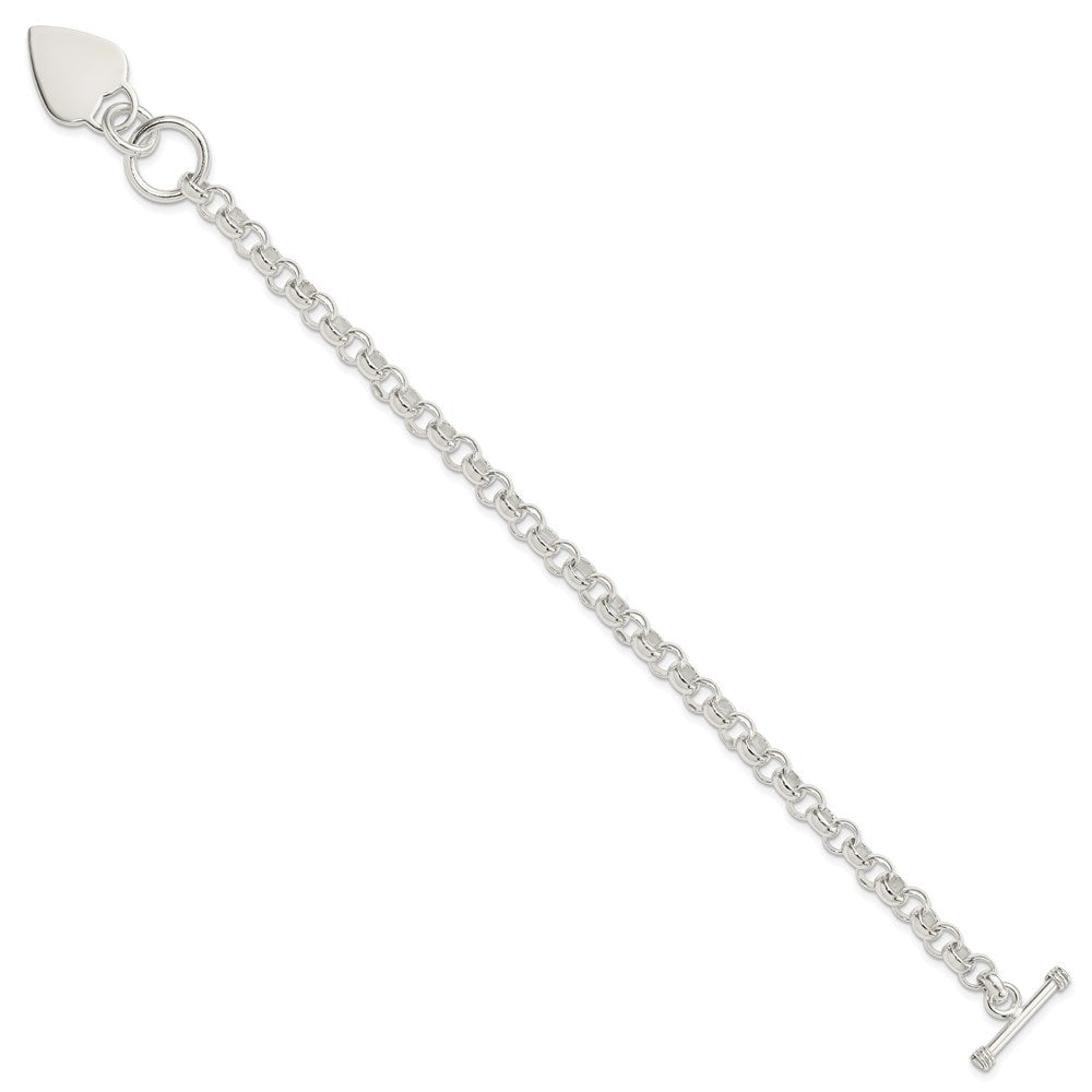 Sterling Silver Engravable 23x Heart Disc on Fancy Rolo Link Toggle Bracelet