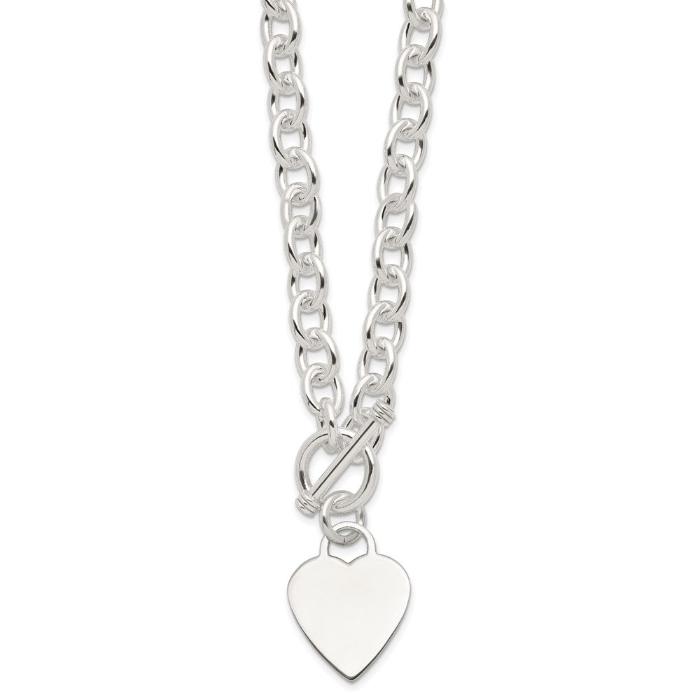 Sterling Silver Engravable 29x Heart Charm Fancy Rolo Link Toggle Necklace