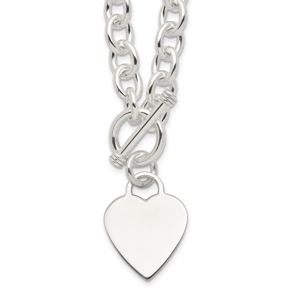 Sterling Silver Engravable 29x Heart Charm Fancy Rolo Link Toggle Necklace