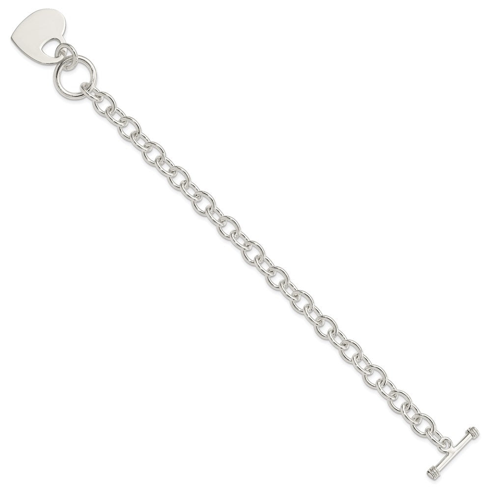Sterling Silver Engravable Heart Disc on Fancy Rolo Link Toggle Bracelet