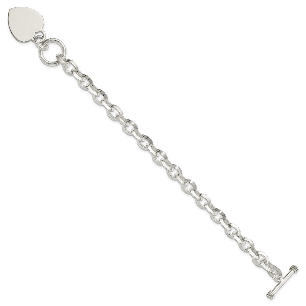 Sterling Silver Engravable 26x Heart Disc on Fancy Rolo Link Toggle Bracelet